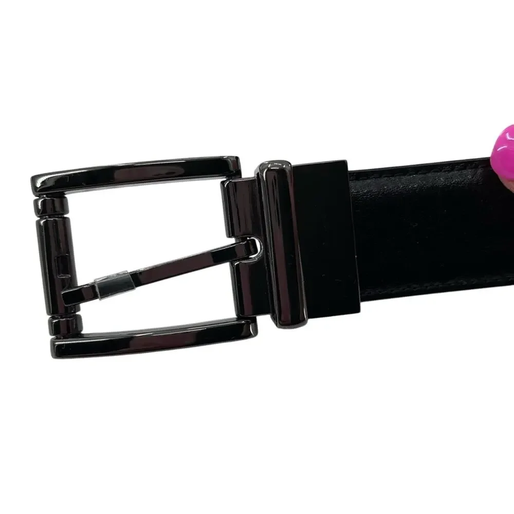 Genuine Leather Men's Black Brown Reversible Belt Dark Silver Hardware Size 52